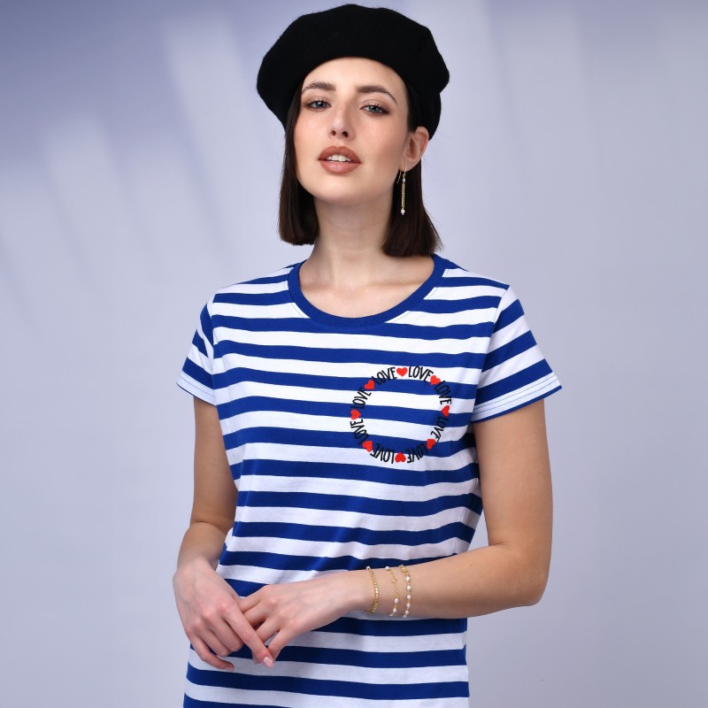 T-shirt 100% cotone organico a righe con ricamo Love