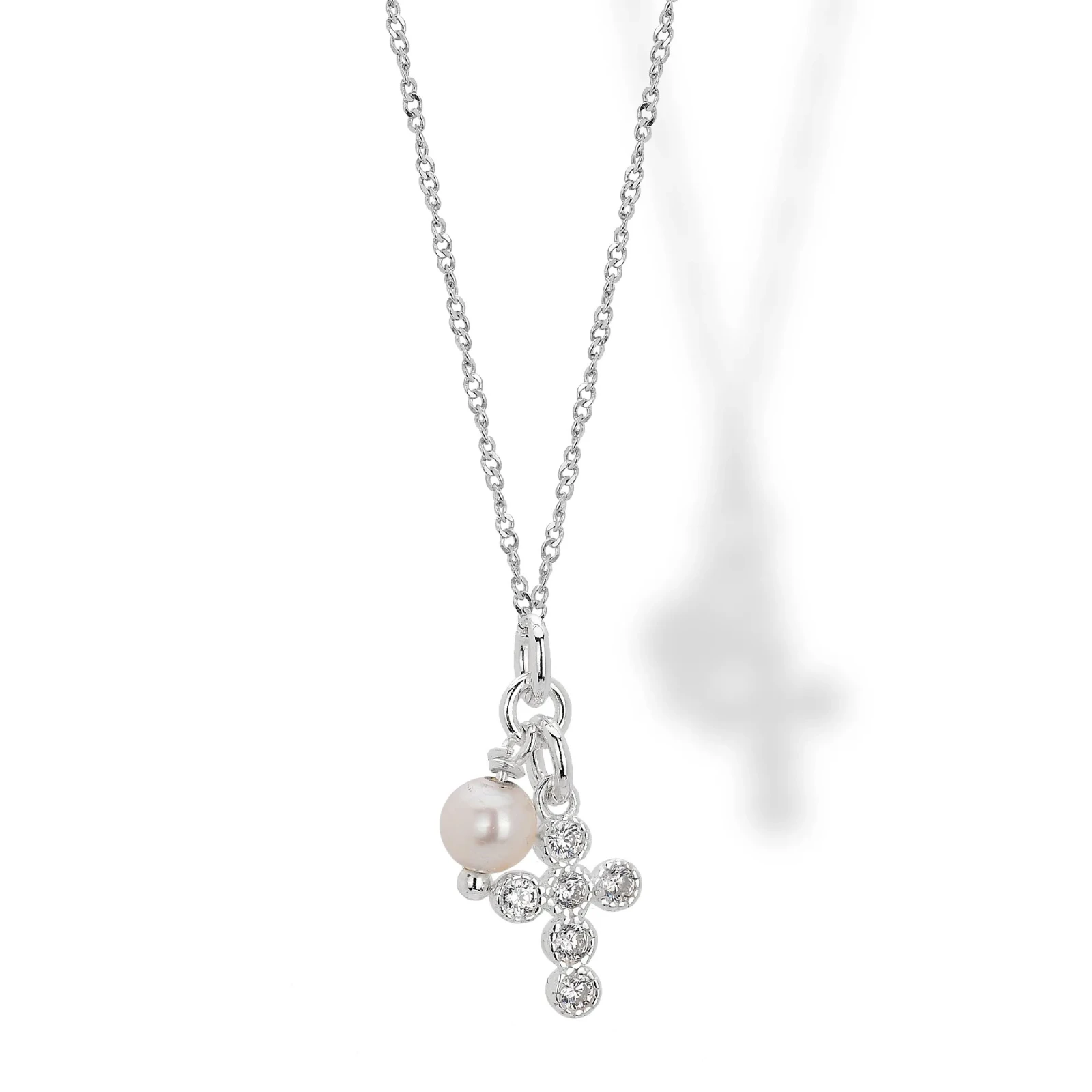 Collana in Argento con Pendente Croce con Zircone Bianco e Perla
