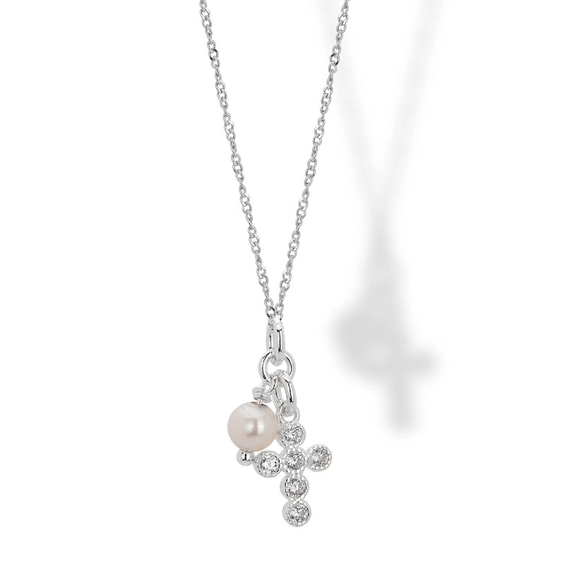 Collana in Argento con Pendente Croce con Zircone Bianco e Perla