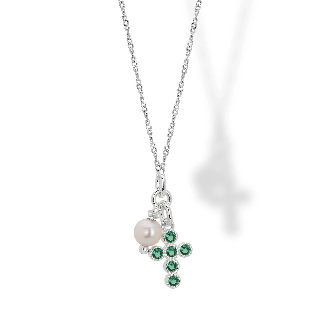 Collana in Argento con Pendente Croce con Zircone Verde e Perla