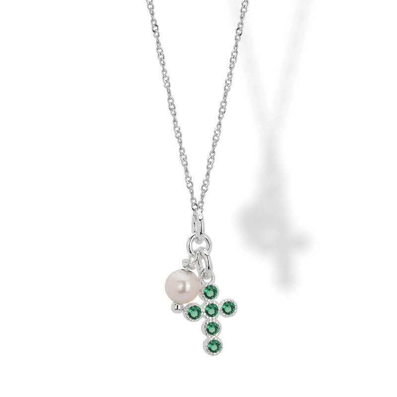 Collana in Argento con Pendente Croce con Zircone Verde e Perla