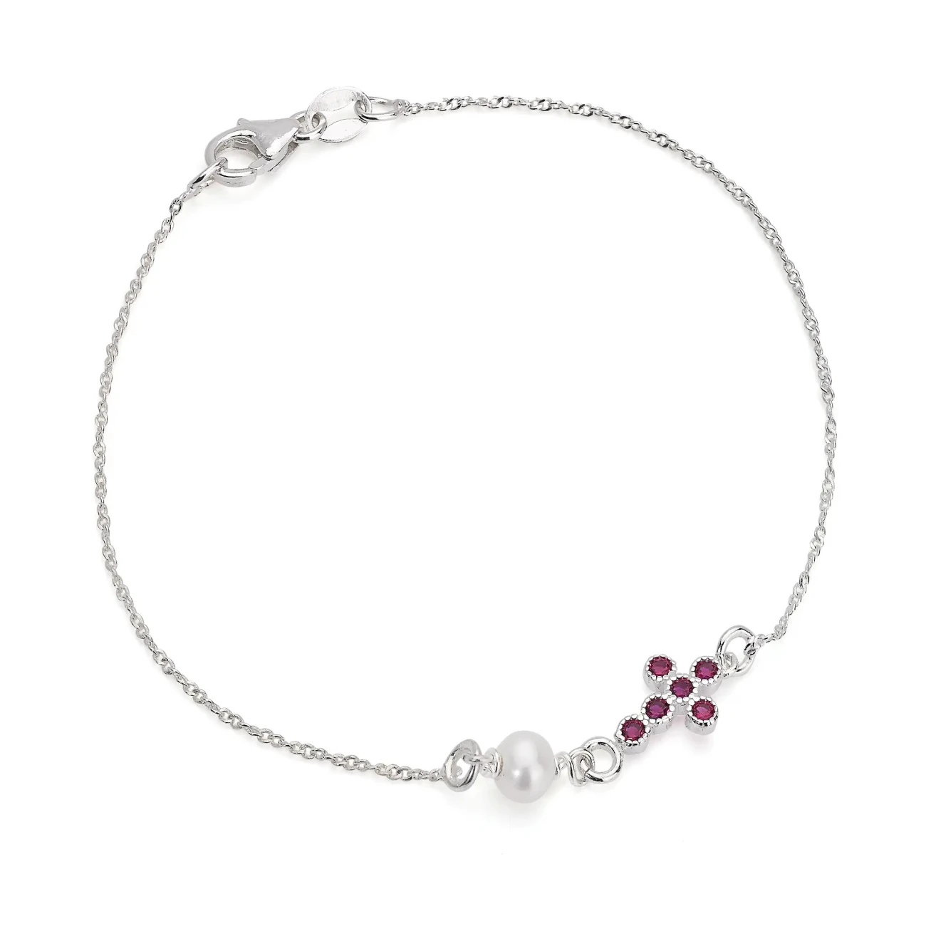 Bracciale in Argento con Elemento Croce con Zircone Rosso Ruby e Perla