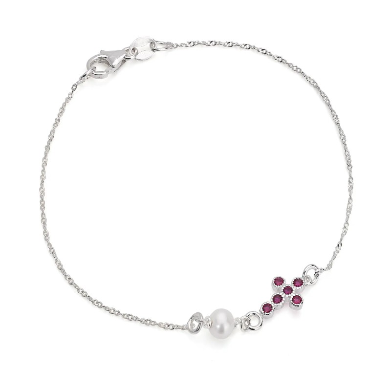 Bracciale in Argento con Elemento Croce con Zircone Rosso Ruby e Perla