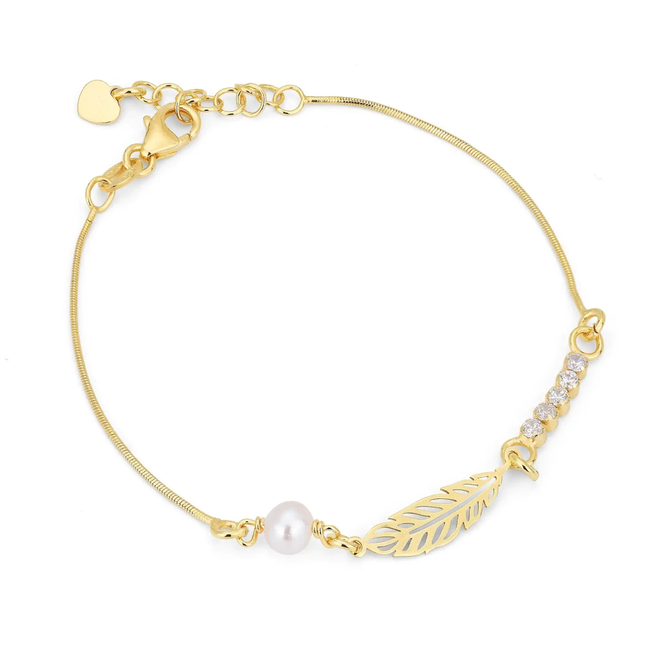 Bracciale in Argento con Elemento Piuma Traforata, Perla e Zirconi