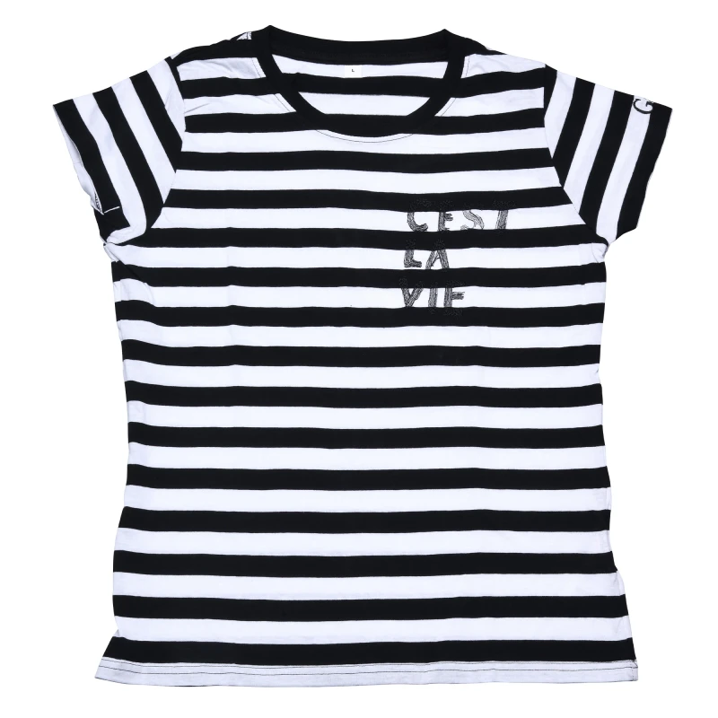 T-shirt 100% cotone organico a righe con ricamo C'est la Vie