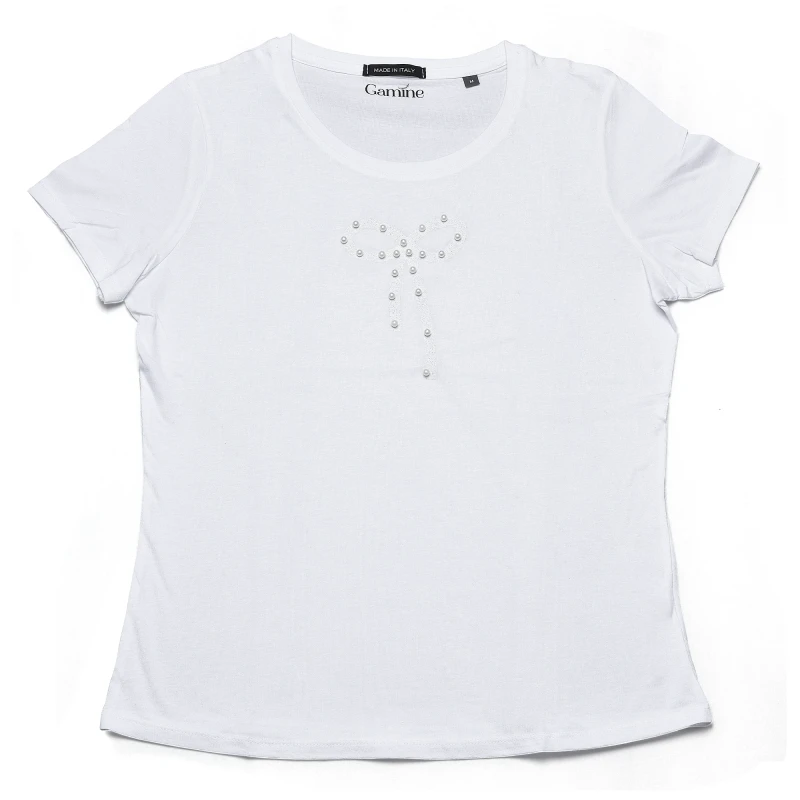 T-shirt  bianca 100% cotone organico con Fiocco e Perle