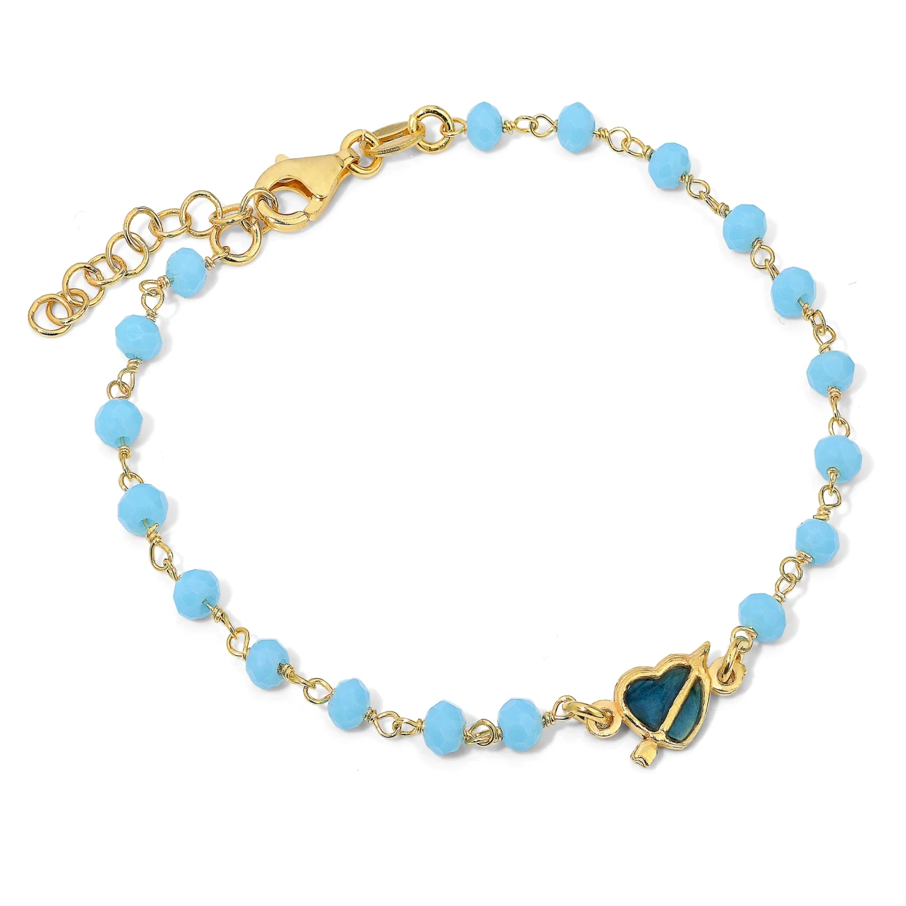 Bracciale in Argento Con Cristallo Turchese e Cuoricino Con Smalto Blu.