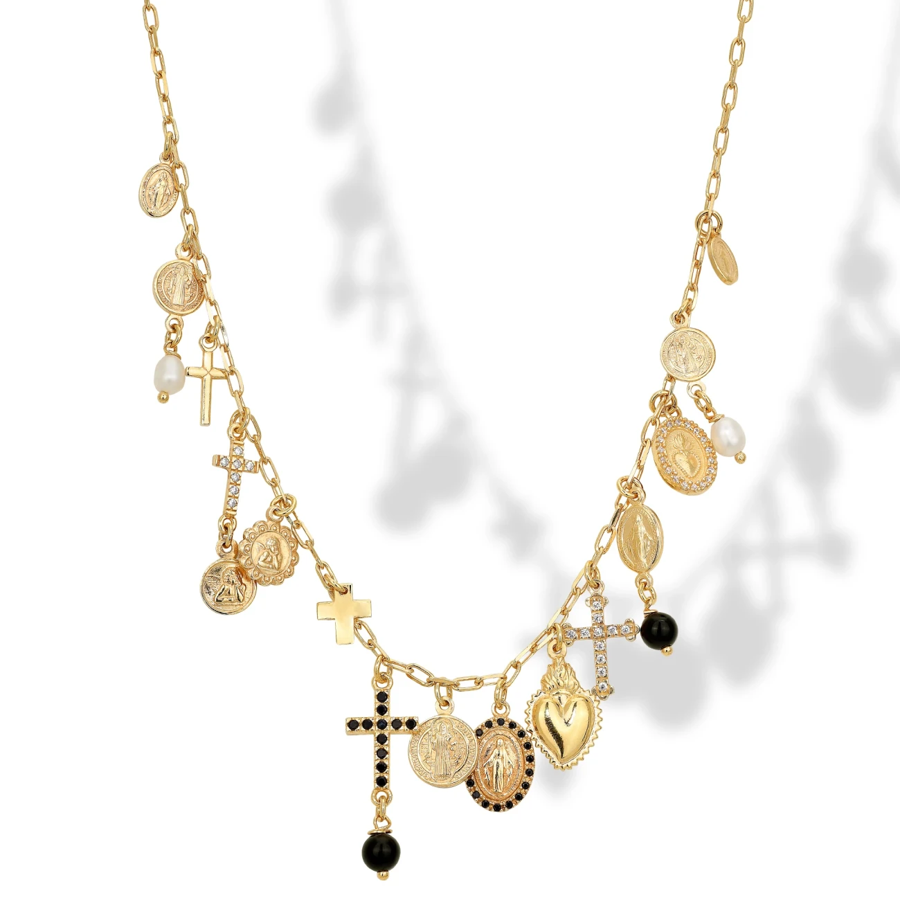 Collana in Argento Multicharms Con Zirconi Crystal e Neri,Perle e Onice.