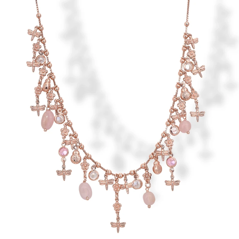 Collana in Argento Multicharms Rose' con Libellule,Fiori,Coccinelle,Cristalli e Quarzo.