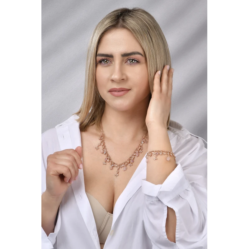 Collana in Argento Multicharms Rose' con Libellule,Fiori,Coccinelle,Cristalli e Quarzo.