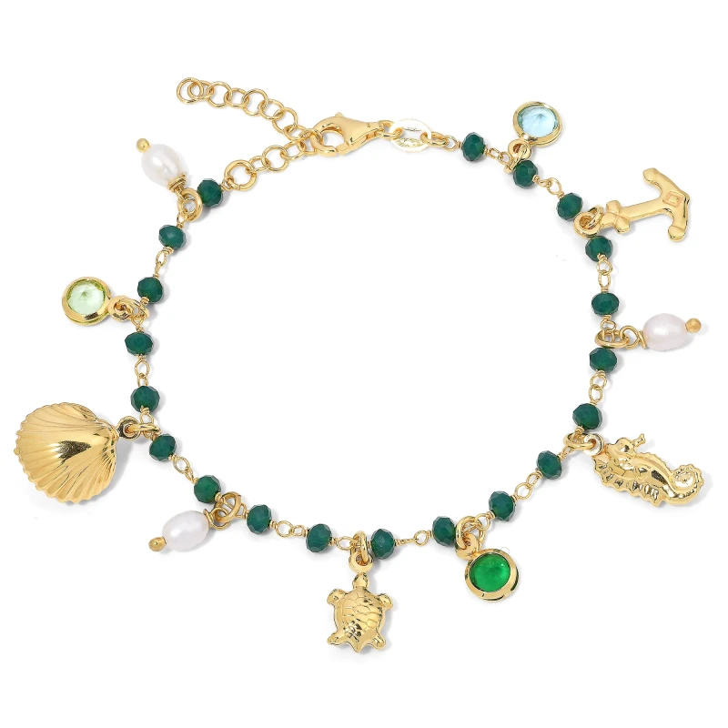 Bracciale in Argento Multicharms Pietre Verde Scuro con Elementi Mare