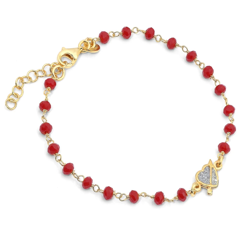 Bracciale Rosario in Argento con Cristalli Rosso Corallo e Cuore Glitter.