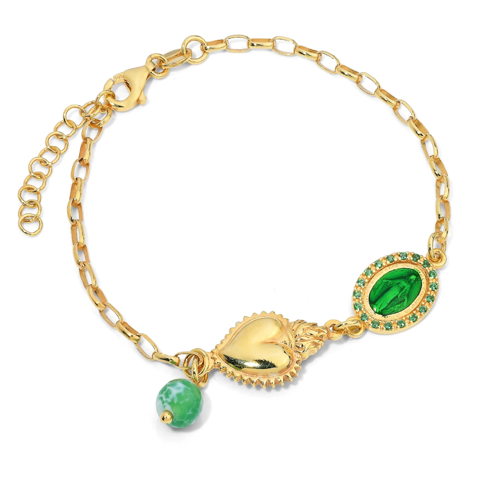 Bracciale in Argento con Immagine Sacra smaltata Verde e Cuore Sacro