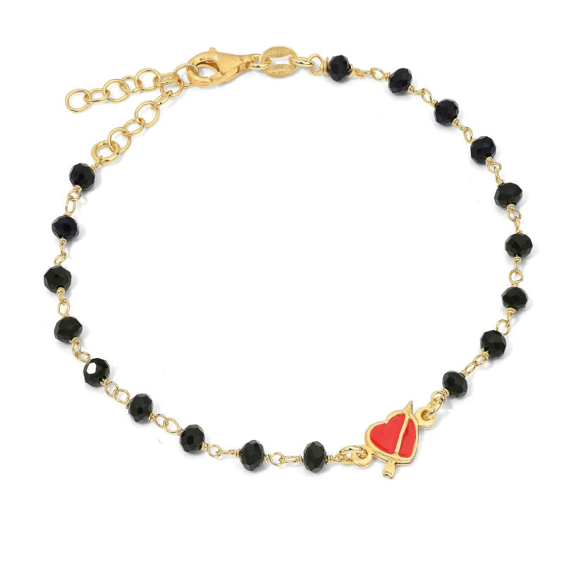 Bracciale Rosario in Argento Con Cristallo Nero e Cuoricino Smaltato Rosso Vivo.