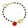 Bracciale Rosario in Argento Con Cristallo Nero,Cuore Sacro e Rosa.