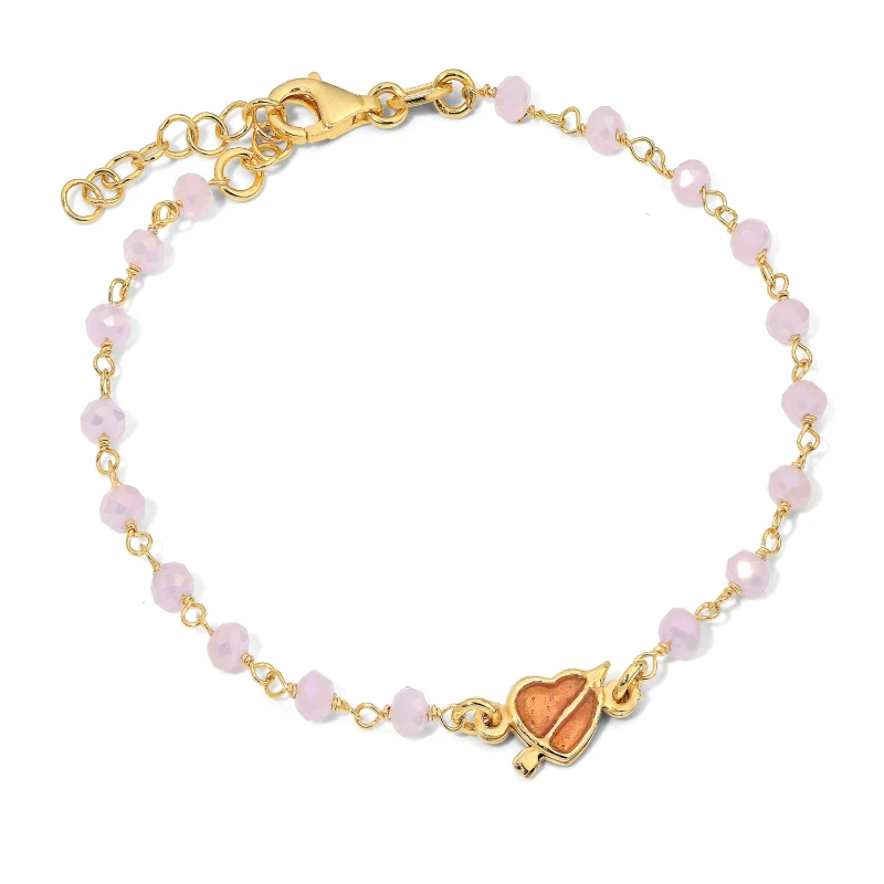 Bracciale Rosario in Argento Con Cristallo Rosa e Cuore Smaltato Mandarino.