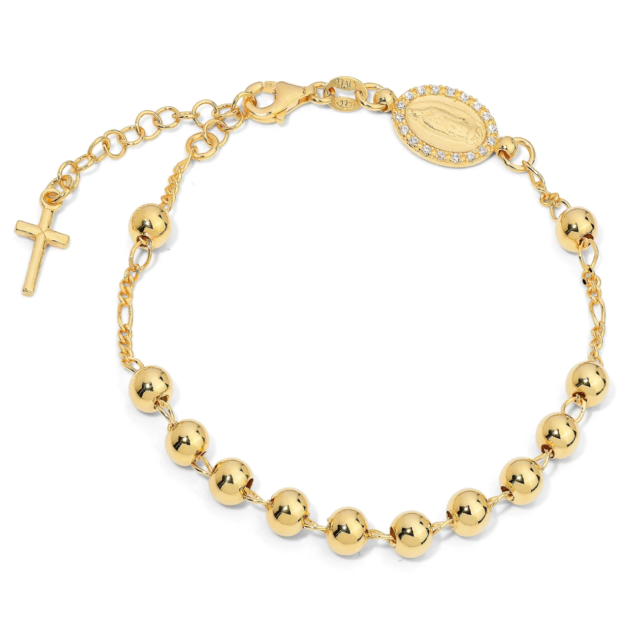 Bracciale Rosario in Argento con Immagine Sacra Zirconi e Pendente Croce.