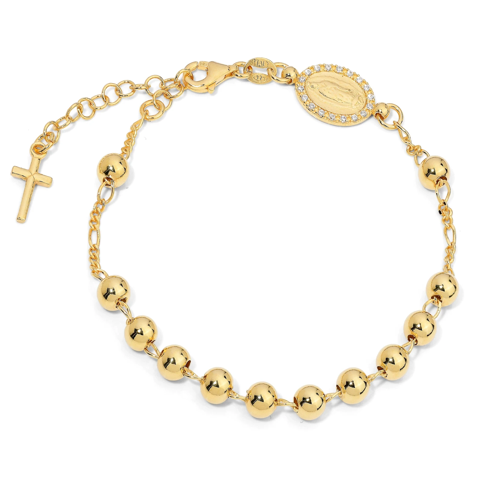 Bracciale Rosario in Argento con Immagine Sacra Zirconi e Pendente Croce.