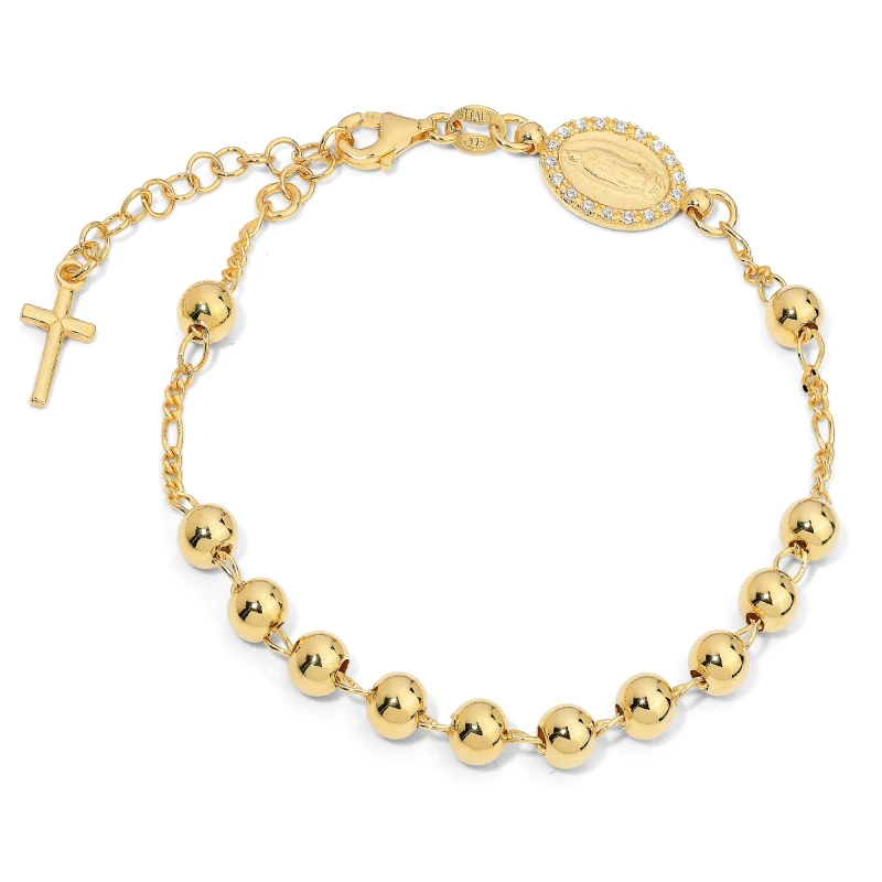 Bracciale Rosario in Argento con Immagine Sacra Zirconi e Pendente Croce.