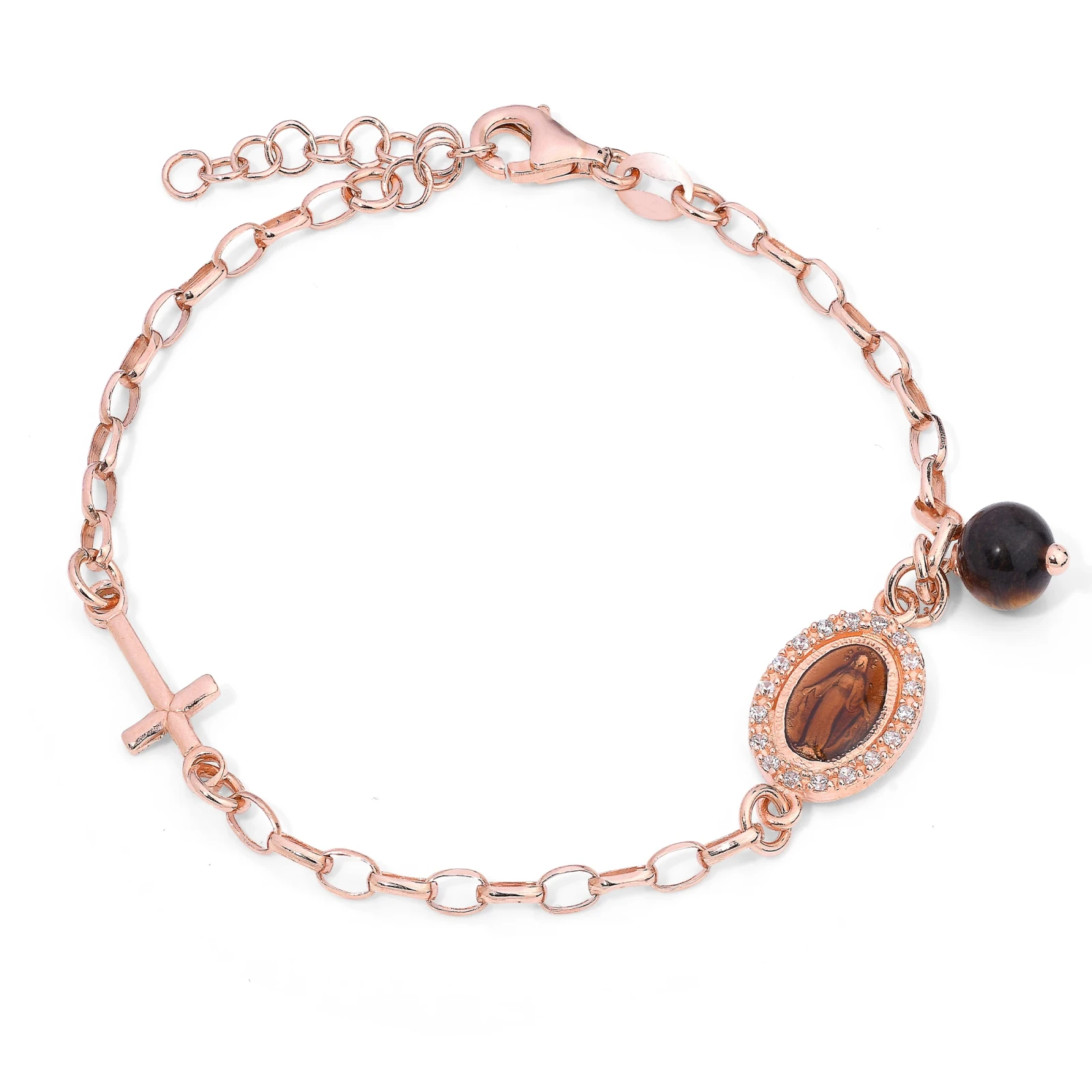 Bracciale in Argento Rose' con Immagine Sacra Caffe,Croce e Occhio di Tigre