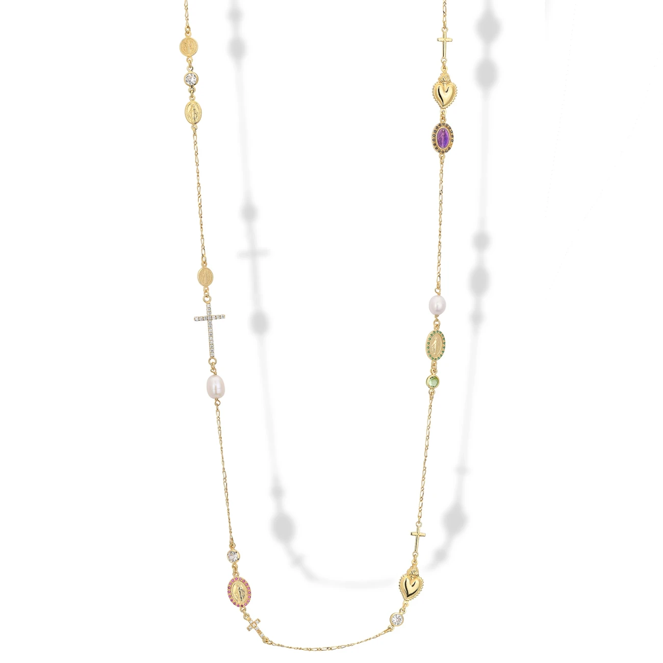 Collana Lunga in Argento Con Croce,Cuore e Zirconi.