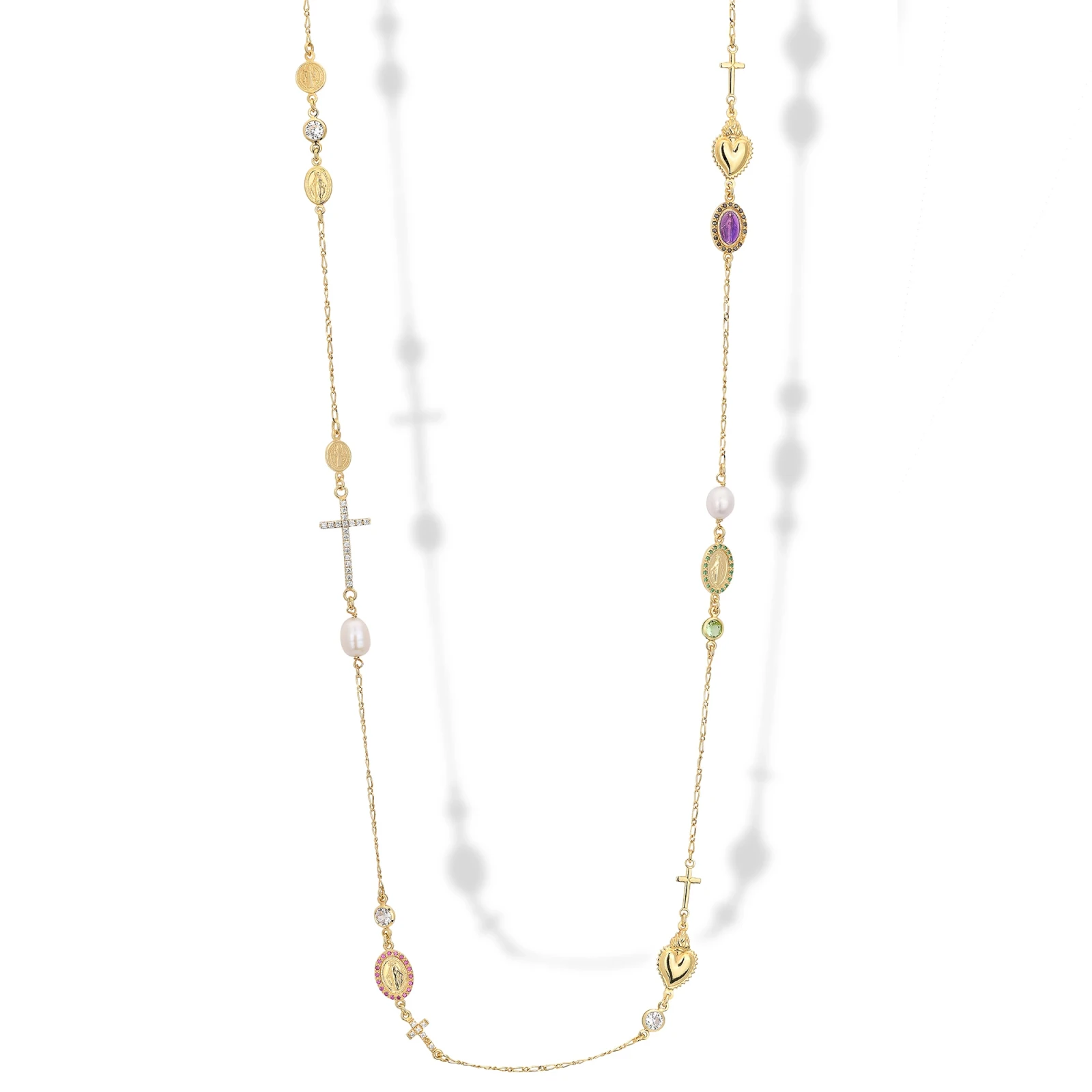 Collana Lunga in Argento Con Croce,Cuore e Zirconi.