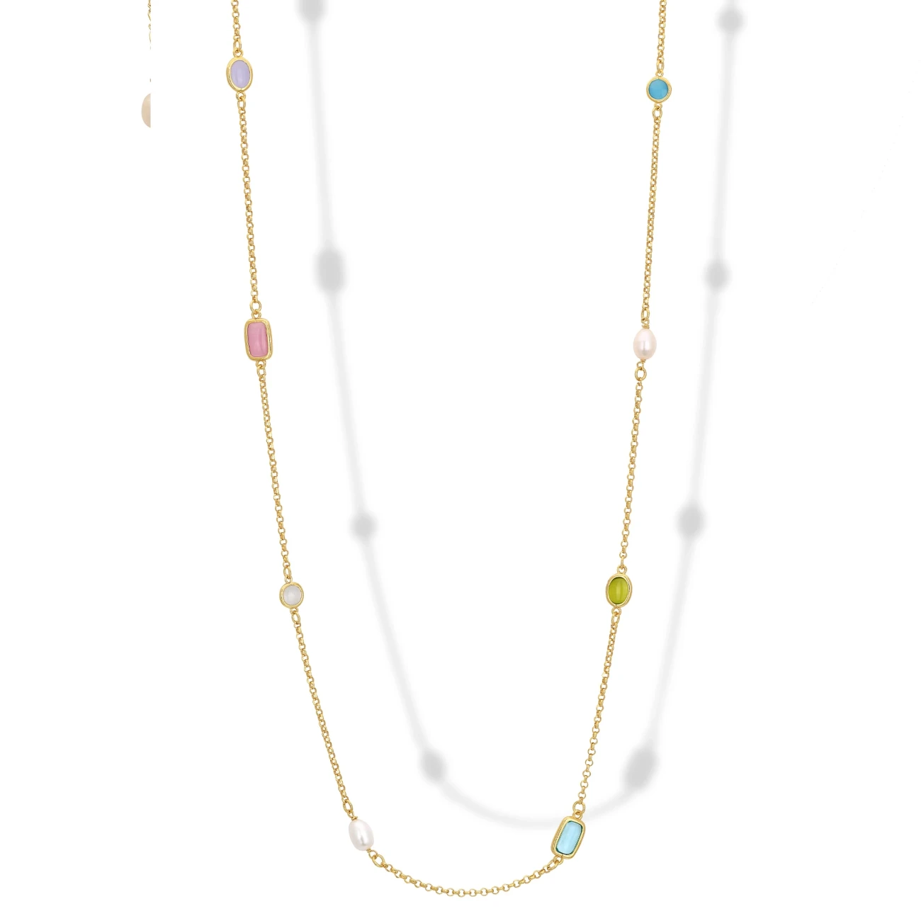 Collana Lunga in Argento con Occhi di Gatto e Perle.