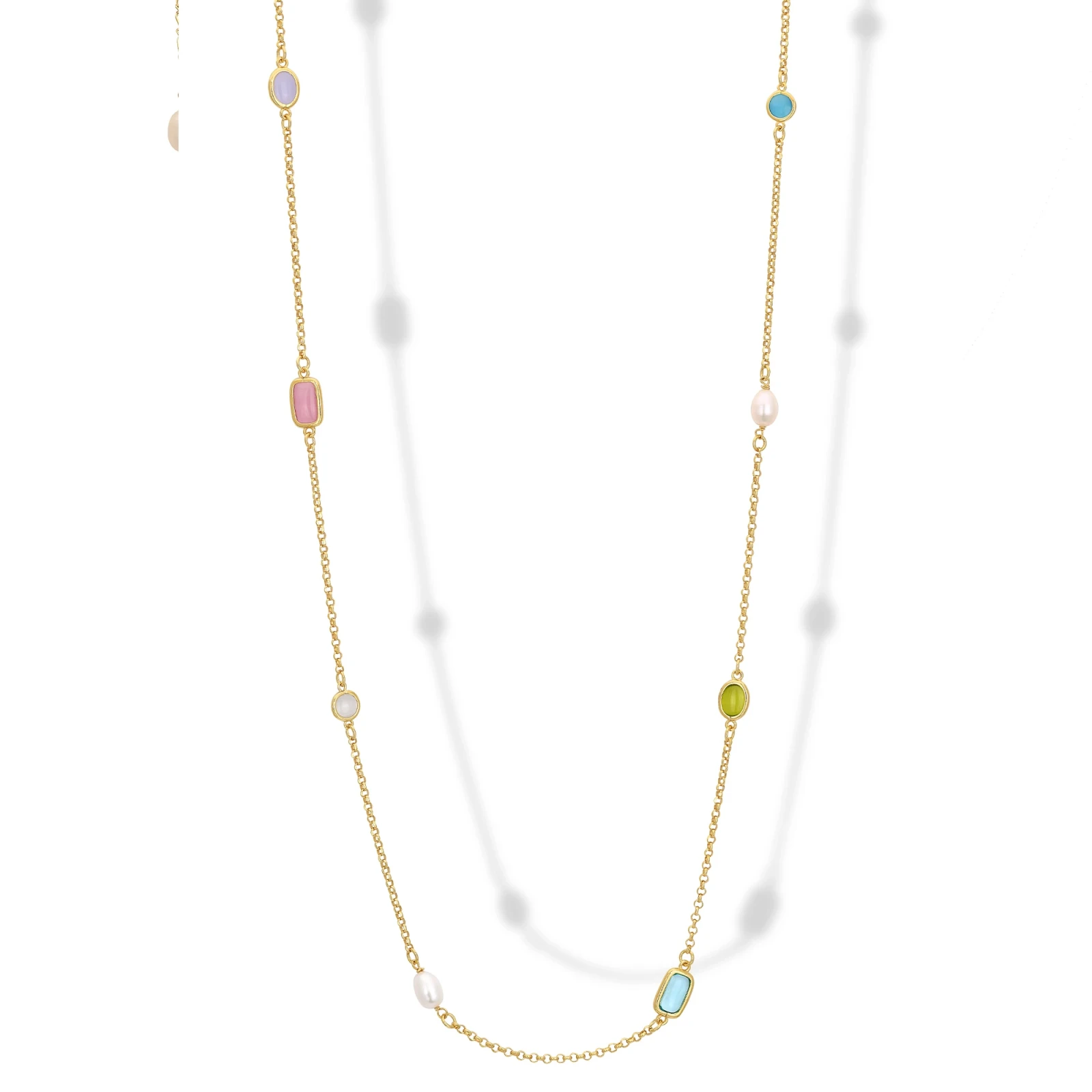 Collana Lunga in Argento con Occhi di Gatto e Perle.