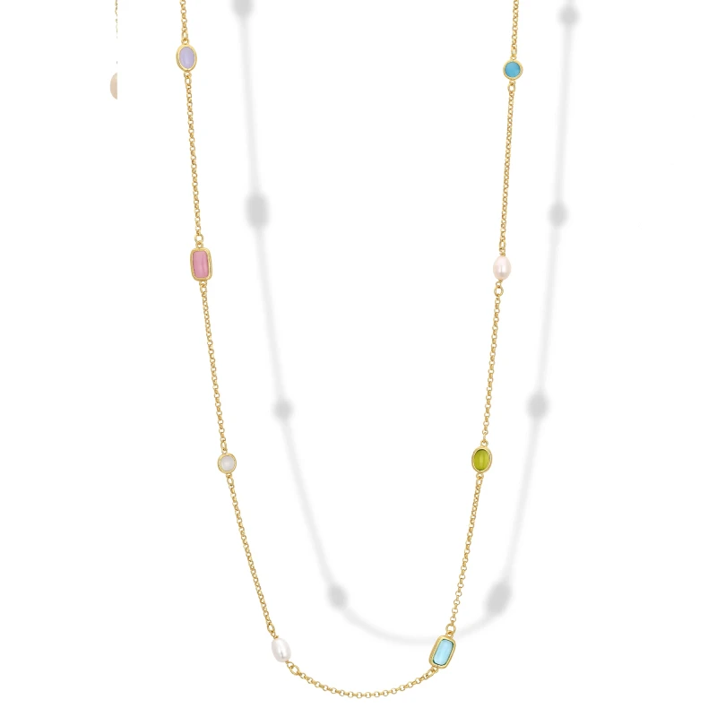 Collana Lunga in Argento con Occhi di Gatto e Perle.