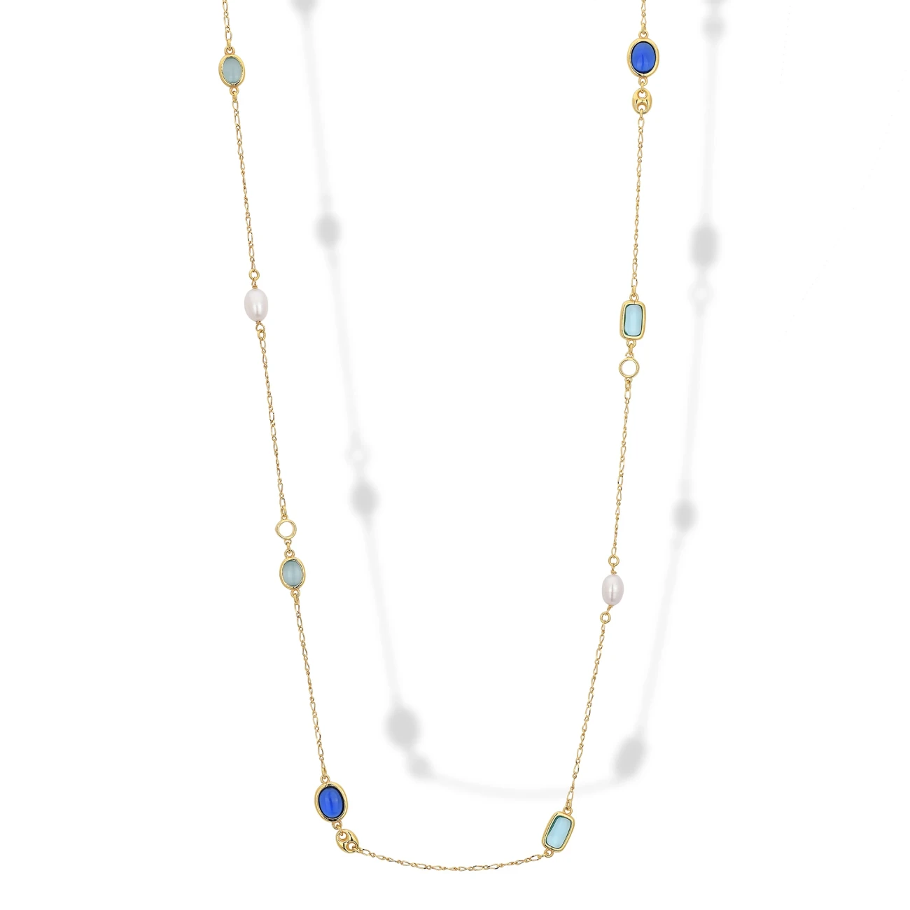 Collana Lunga in Argento con Occhi di Gatto ,Perle e Maglia Marina.