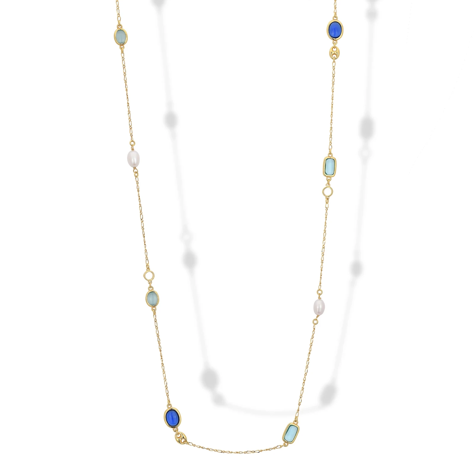 Collana Lunga in Argento con Occhi di Gatto ,Perle e Maglia Marina.