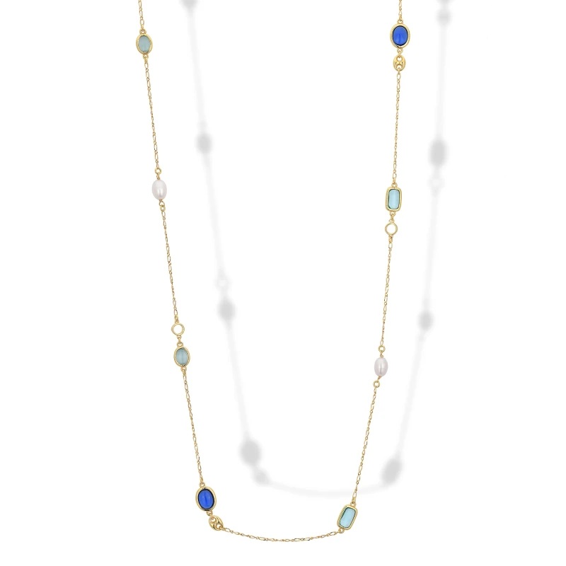 Collana Lunga in Argento con Occhi di Gatto ,Perle e Maglia Marina.