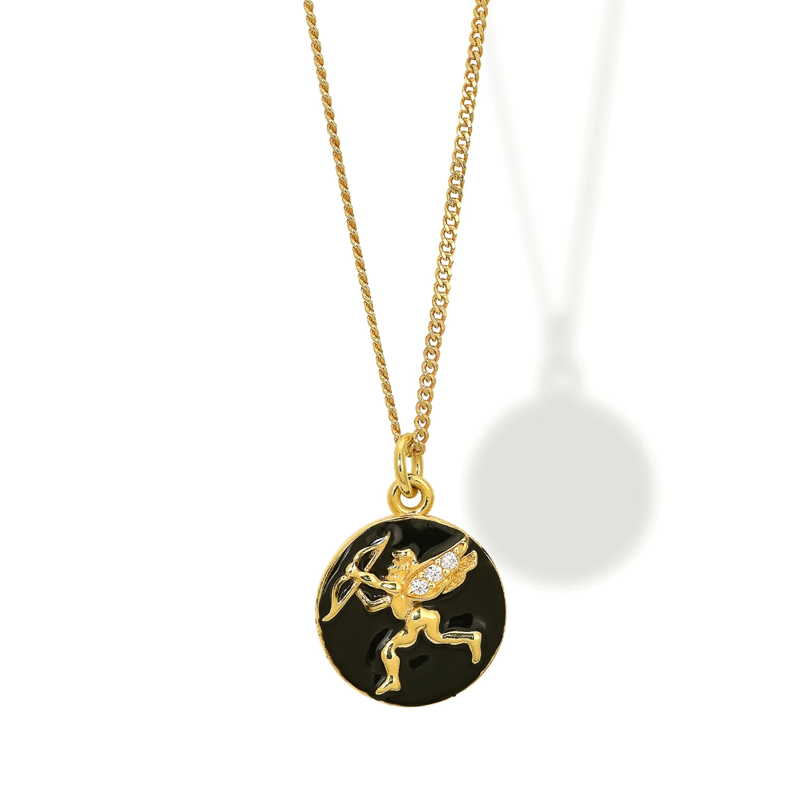 Collana in Argento Medaglia con Cupido Smaltato Nero e Zirconi.