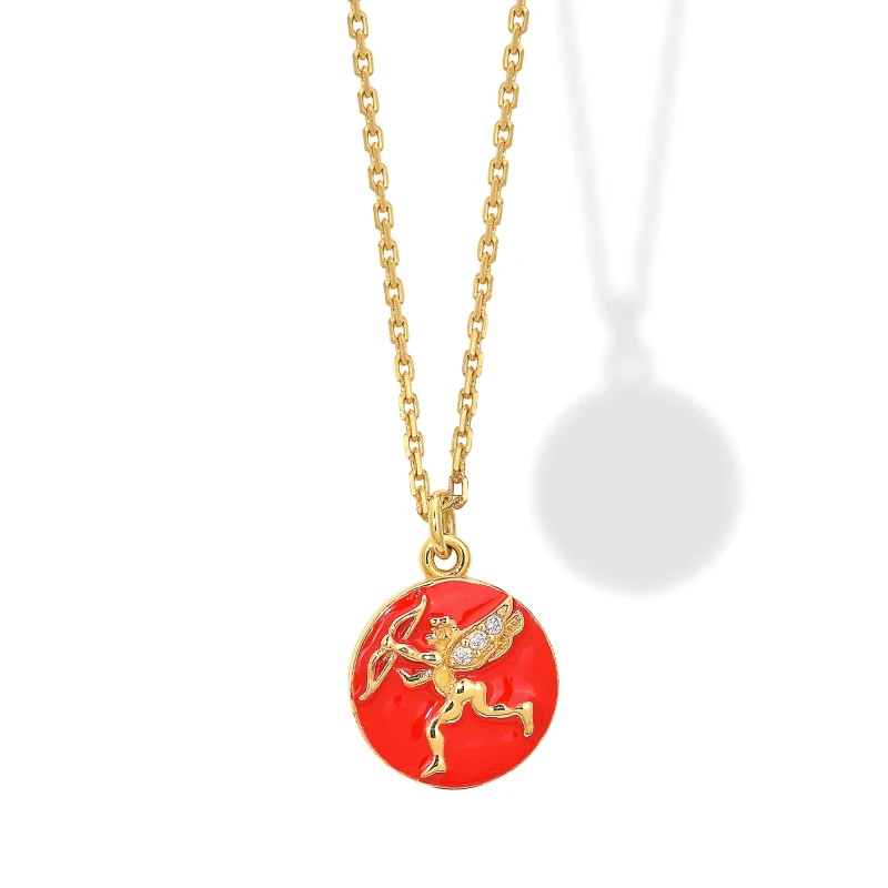 Collana in Argento con Medaglia Cupido Smaltato Rosso e Zirconi.