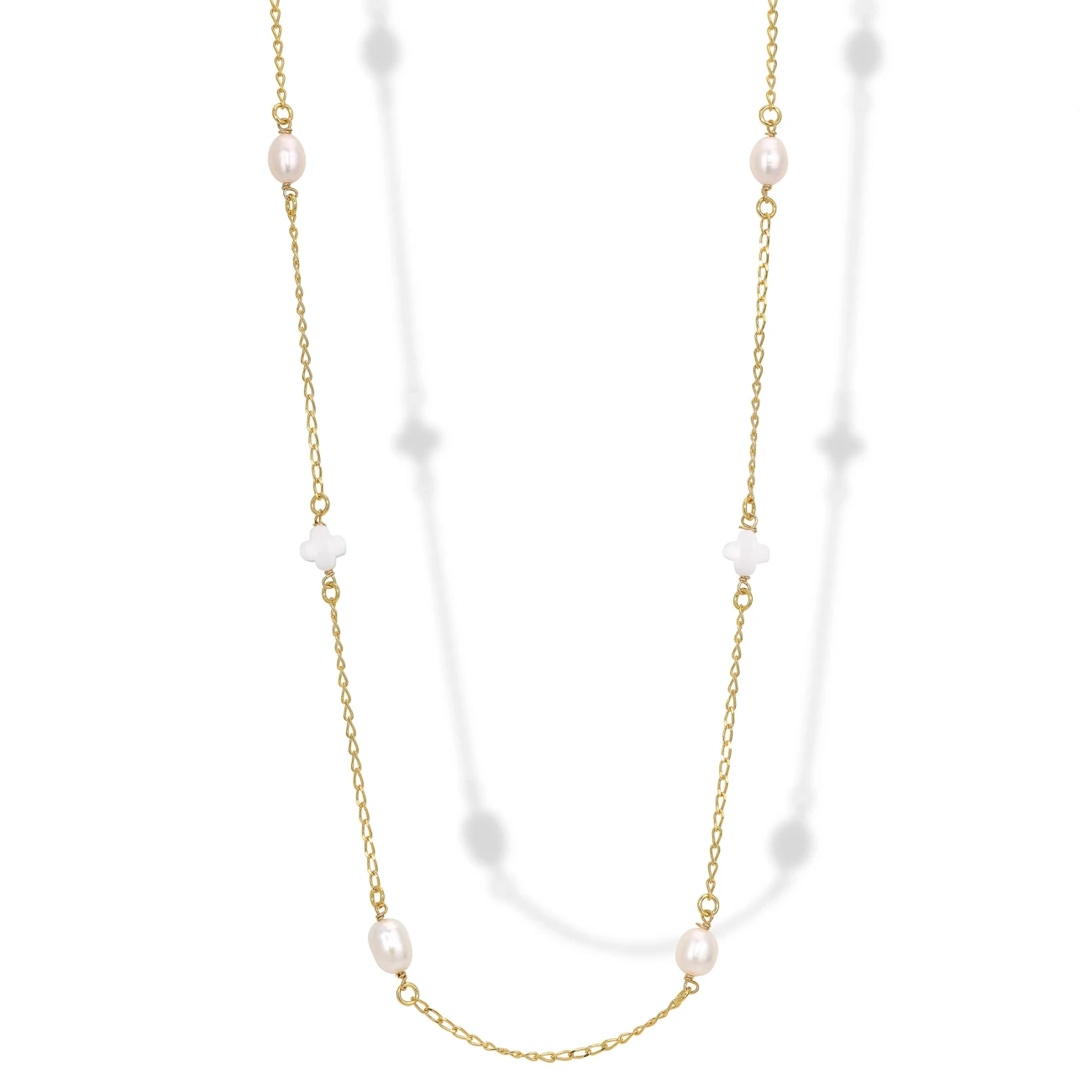 Collana Lunga in Argento con Perle e Elementi in Cristallo.