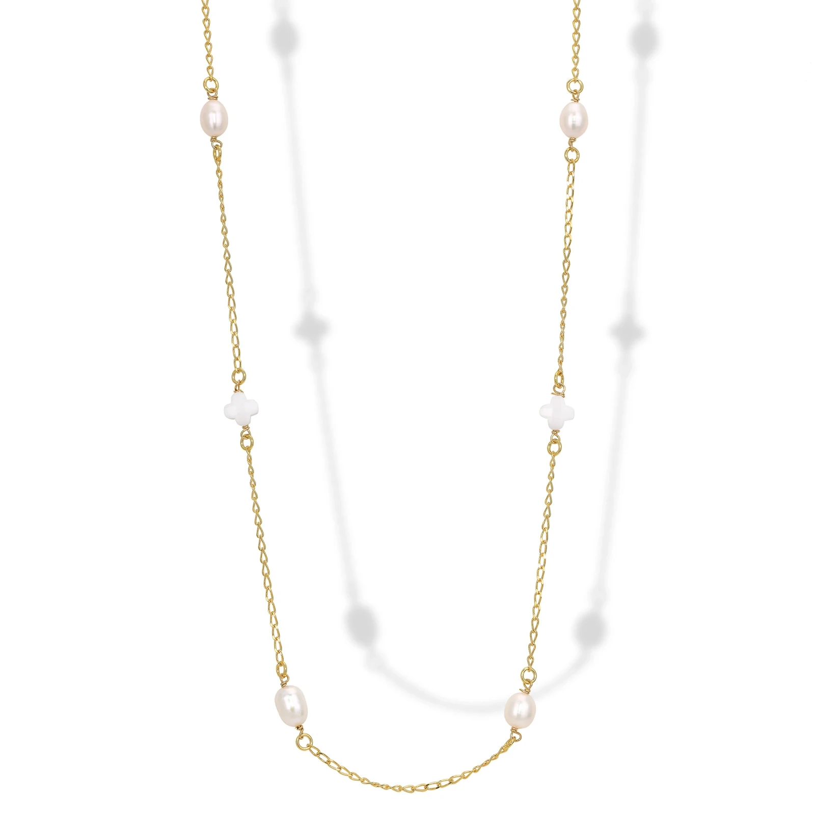 Collana Lunga in Argento con Perle e Elementi in Cristallo.