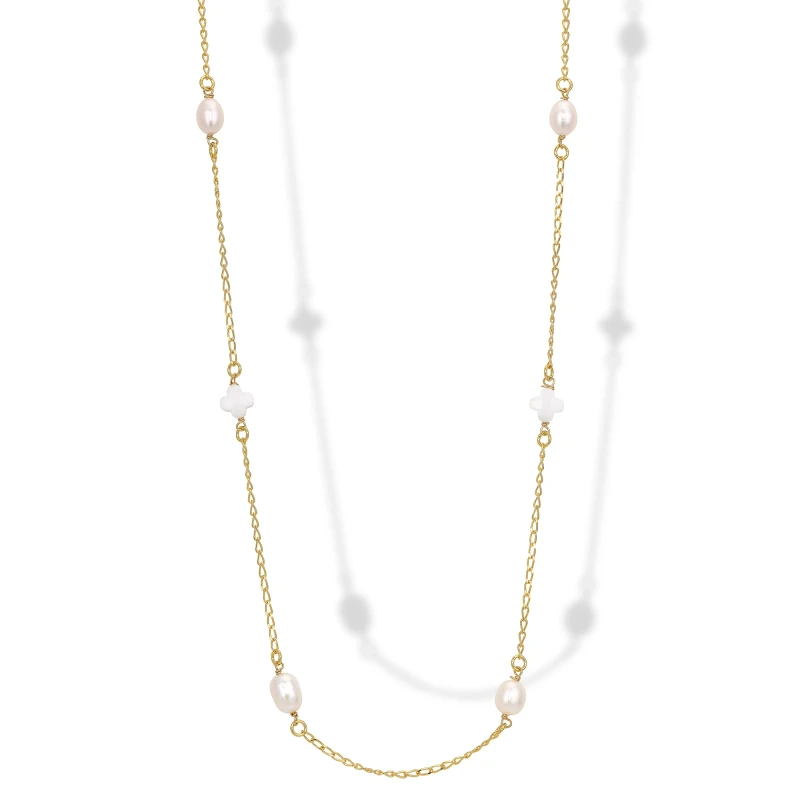 Collana Lunga in Argento con Perle e Elementi in Cristallo.