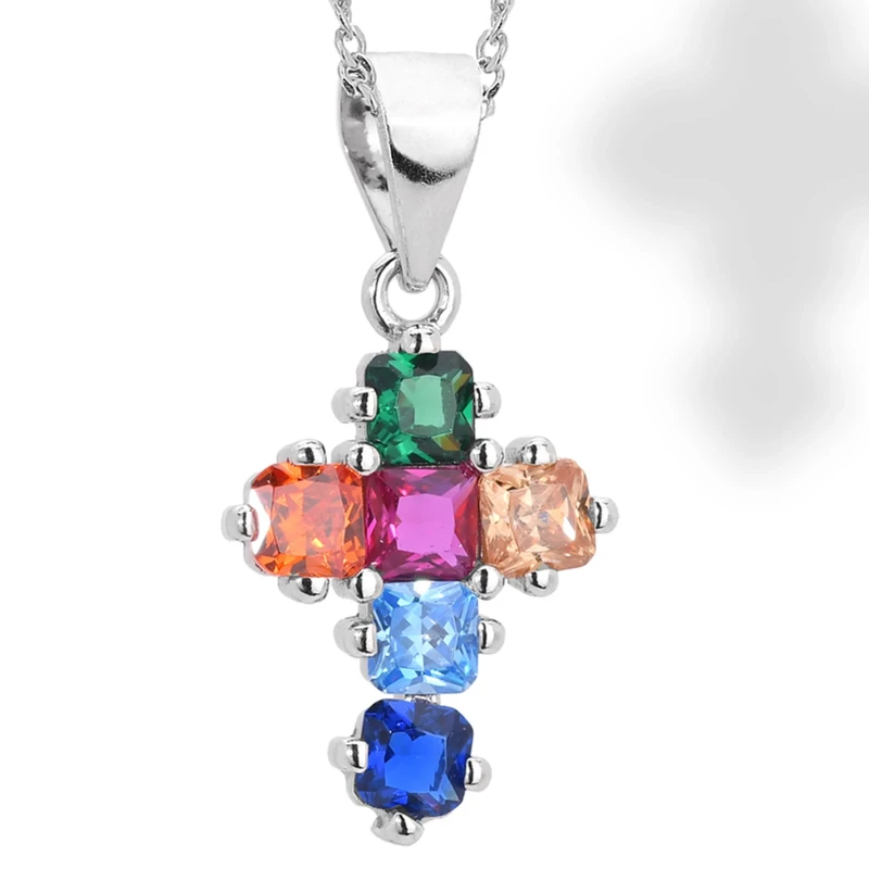 Collana in argento con Croce Pendente con Zirconi Colorati