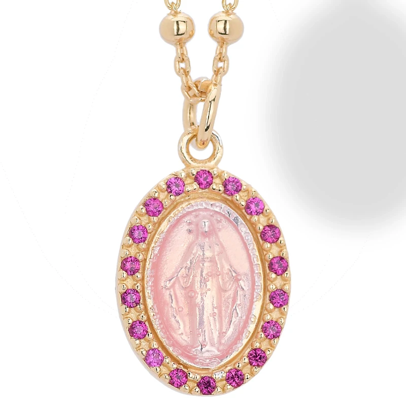 Collana In Argento con Immagine Sacra e Zirconi Rosso Ruby