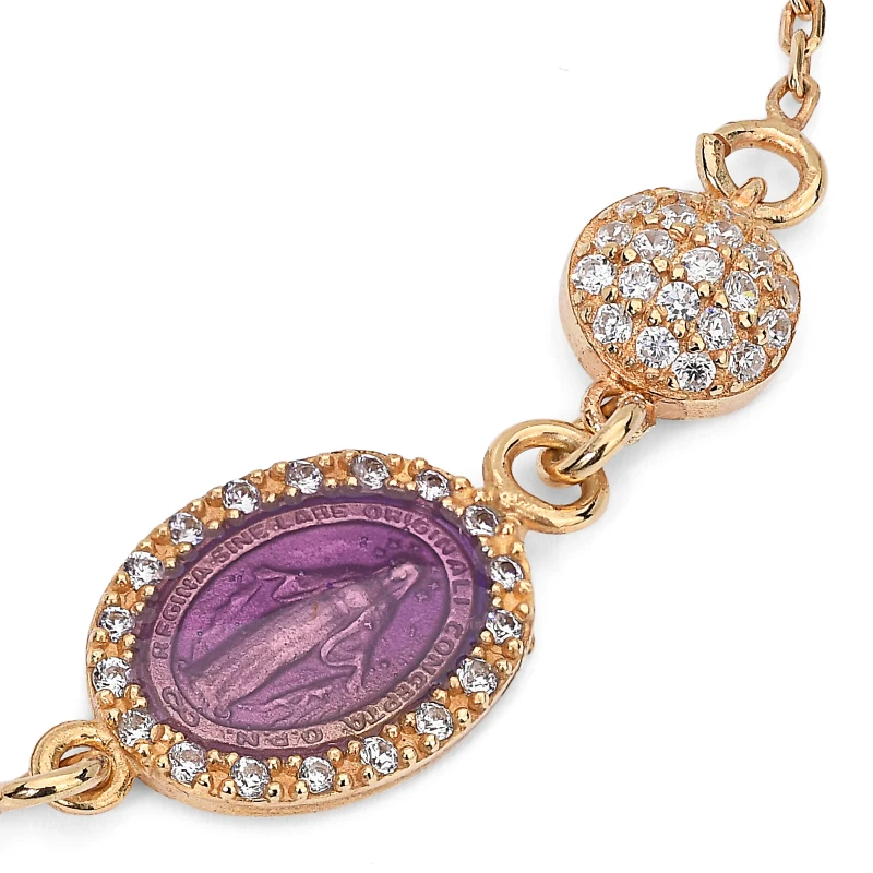 Bracciale in Argento con Immagine Sacra smaltata Viola e Zirconi