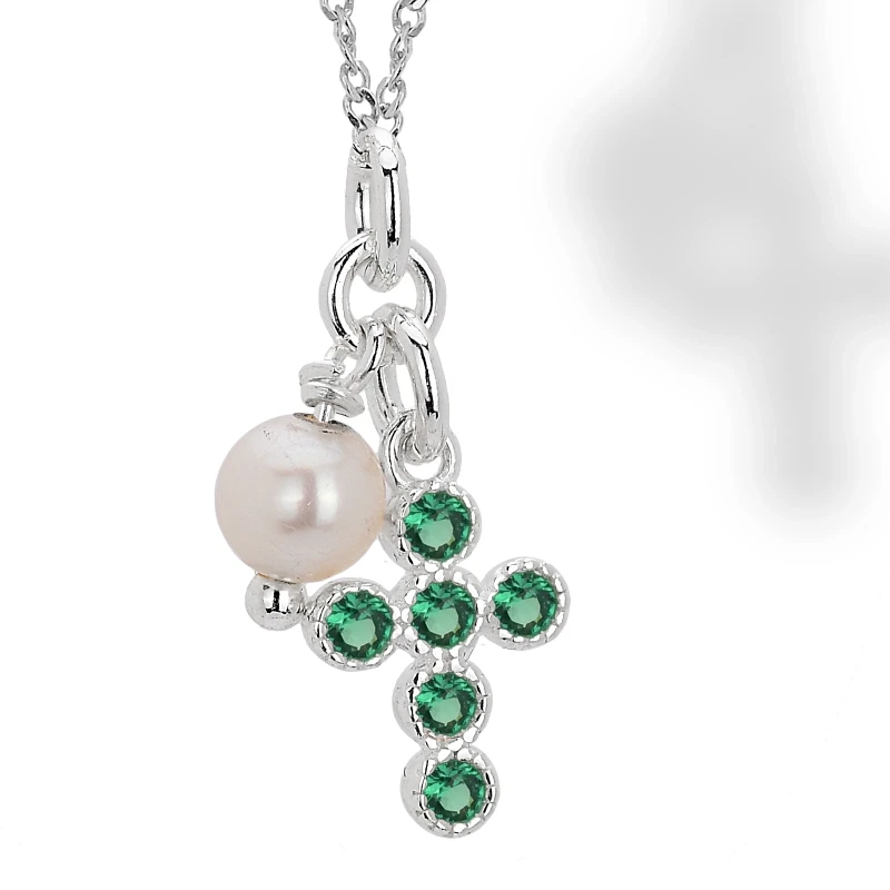Collana in Argento con Pendente Croce con Zircone Verde e Perla