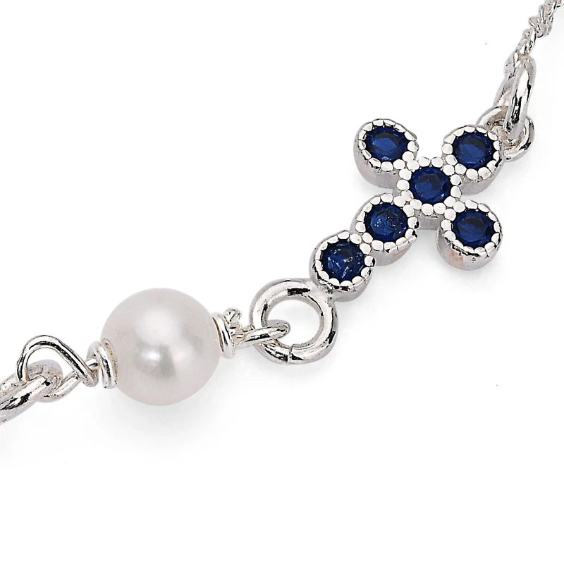 Bracciale in Argento con Elemento Croce con Zircone Blu e Perla