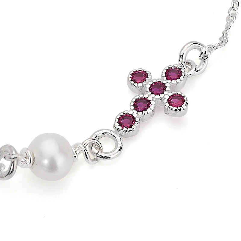 Bracciale in Argento con Elemento Croce con Zircone Rosso Ruby e Perla