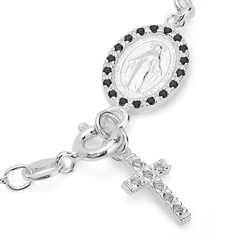 Bracciale in Argento con Croce Pendente e Zirconi Neri