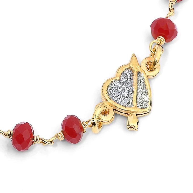 Bracciale Rosario in Argento con Cristalli Rosso Corallo e Cuore Glitter.
