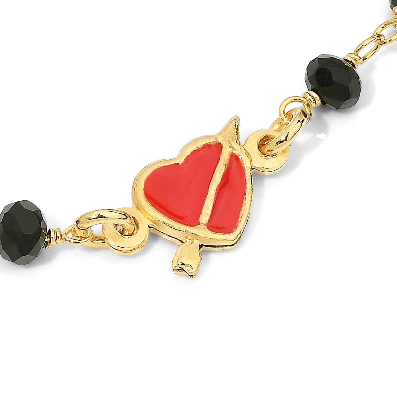 Bracciale Rosario in Argento Con Cristallo Nero e Cuoricino Smaltato Rosso Vivo.
