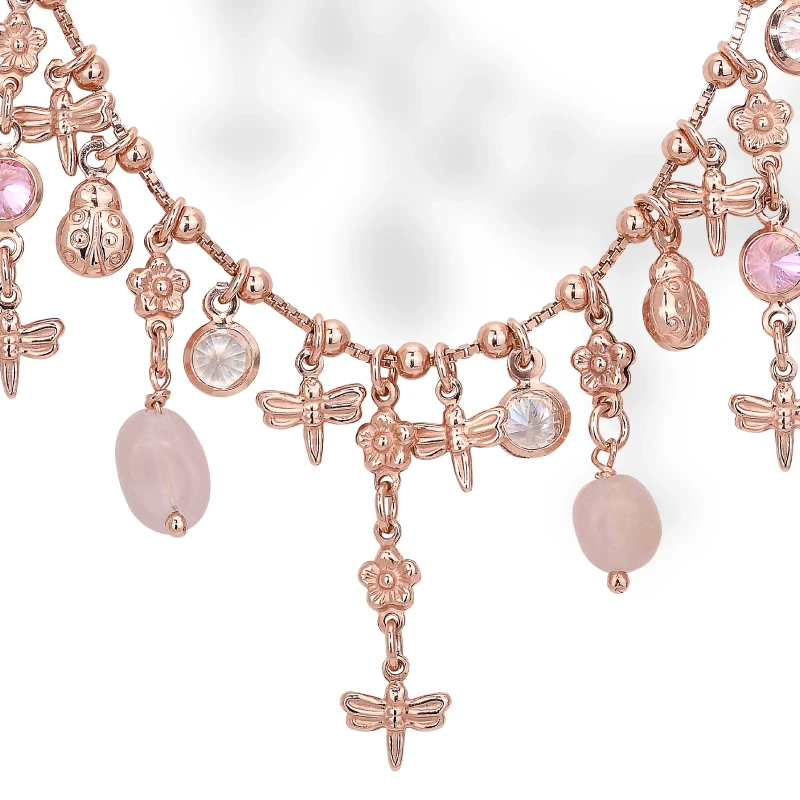 Collana in Argento Multicharms Rose' con Libellule,Fiori,Coccinelle,Cristalli e Quarzo.