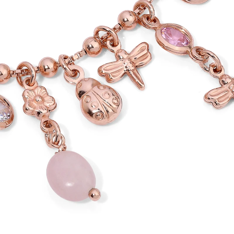 Bracciale in Argento Multicharms Rose' con Fiori,Libellule,Coccinelle,Cristalli e Quarzo Rosa.