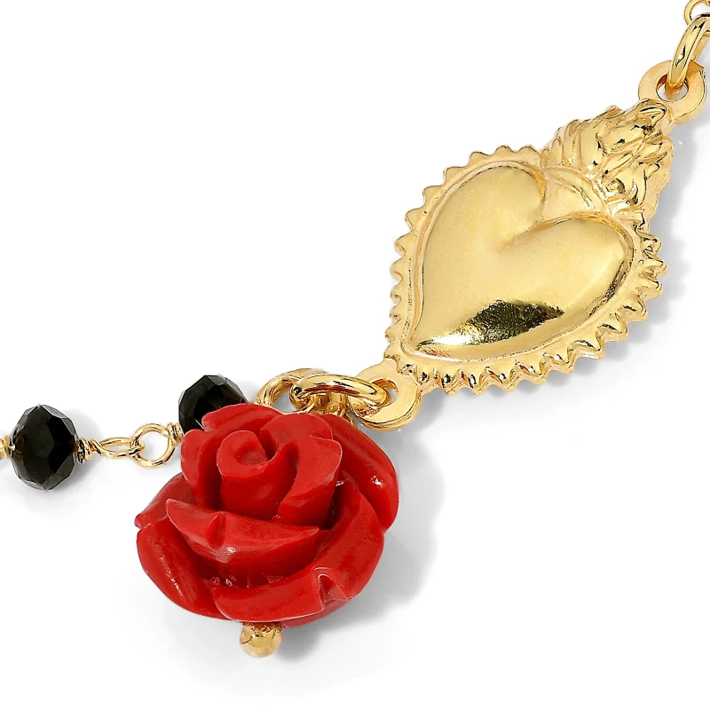 Bracciale Rosario in Argento Con Cristallo Nero,Cuore Sacro e Rosa.
