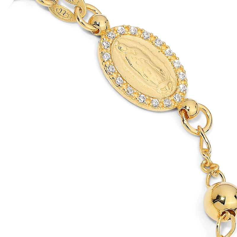 Bracciale Rosario in Argento con Immagine Sacra Zirconi e Pendente Croce.